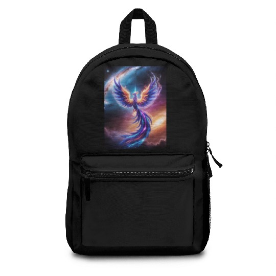 A majestic phoenix made of swirling stardust a Backpacks
