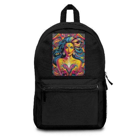 Vibrant Psychedelic Goddess Illustration Backpacks