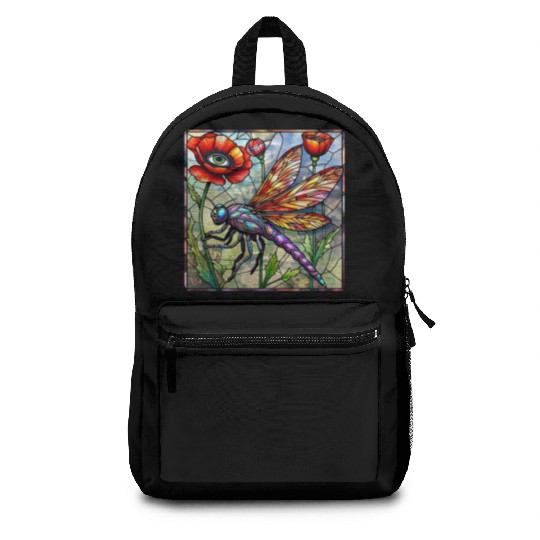 Dragonfly stained glass poppy flower insect eye Backpacks