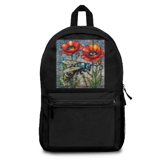 Wasp hornet bee stained glass vibrant poppy flower Backpacks