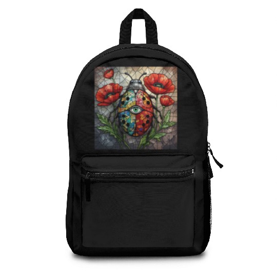 Ladybug stained glass vibrant poppy flower insect Backpacks