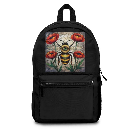 Bumble bee stained glass vibrant poppy flower eye Backpacks