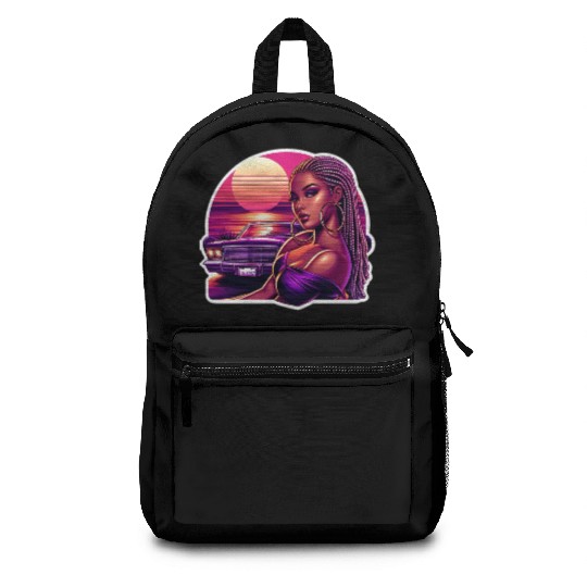 Vivid Retro Sunset Portrait with Classic Car Backpacks