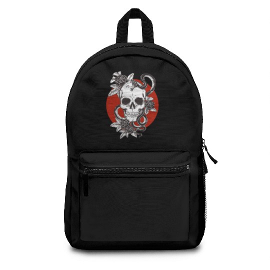 Dark Floral Skull With Snake and Roses Backpacks