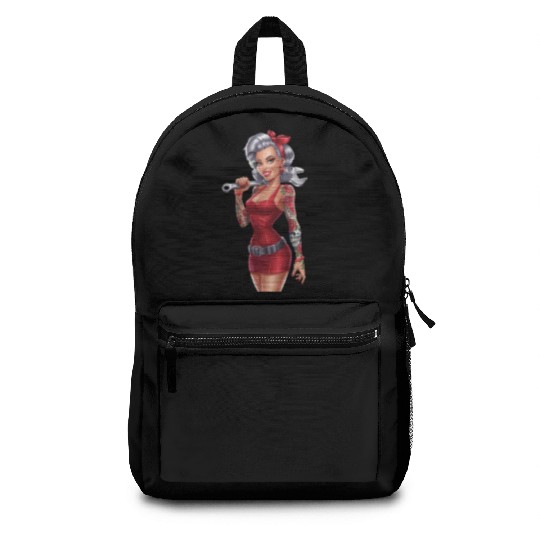 Retro Pin-Up Mechanic Woman with Tattoos and Backpacks