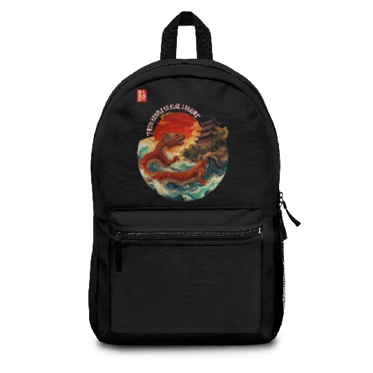 Japanese Dragon and Pagoda Sunset Art Backpacks