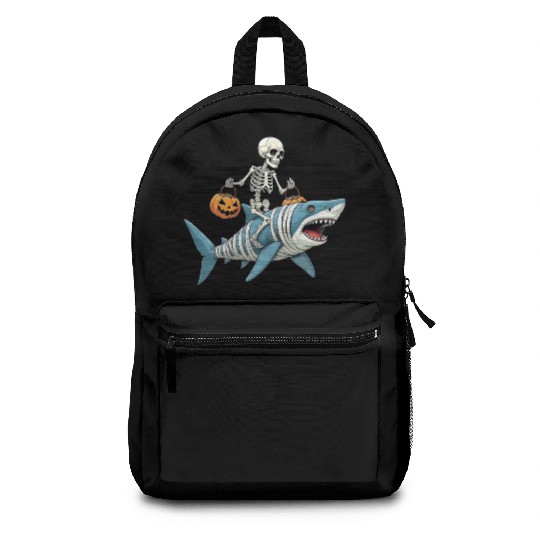 Skeleton Riding Shark Mummy Funny Halloween Backpacks