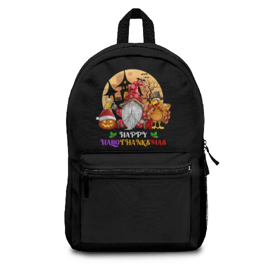 Happy Hallothanksmas Halloween Thanksgiving Xmas Backpacks