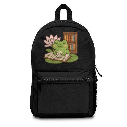 Serene Frog Reading Book Under Lotus Backpacks