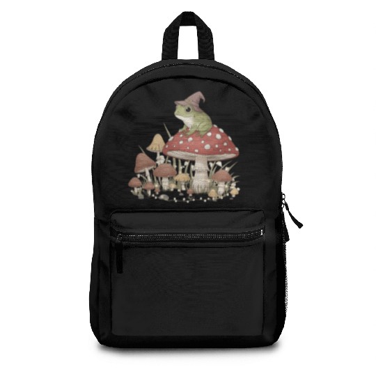 Whimsical Forest Frog in Magic Mushroom Scene Backpacks