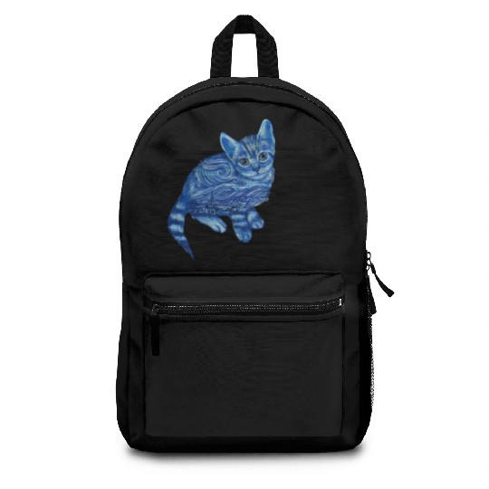 Blue Van Gogh Starry Night Bengal Cat Illustration Backpacks