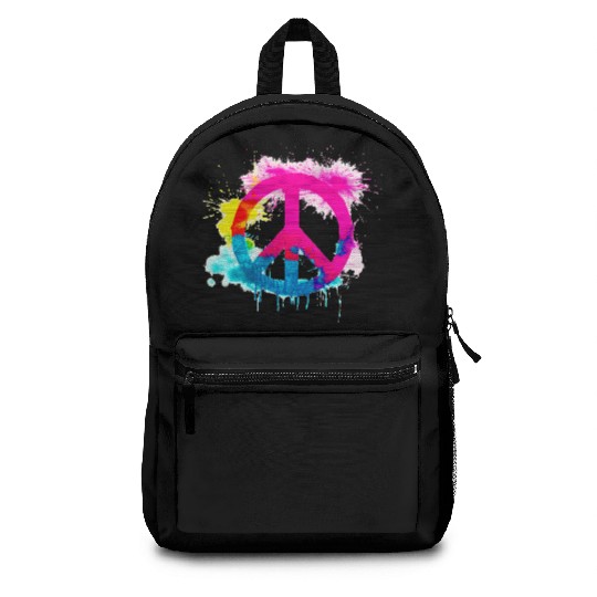 Peace sign neon colors groovy spray paint splatter Backpacks