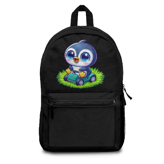 Cute penguin with lawn mower gardening Backpacks