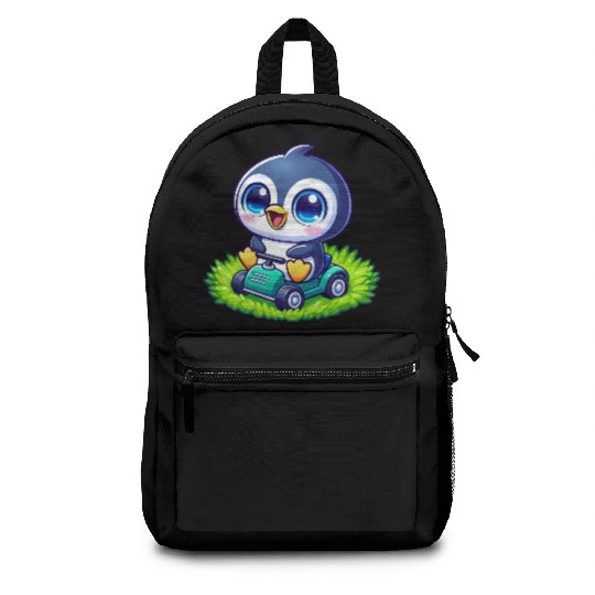 Cute penguin with lawn mower gardening Backpacks