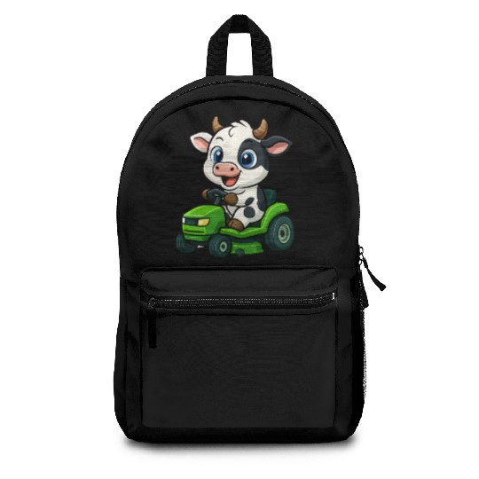 Cute bull cow with lawn mower garden cartoon Backpacks
