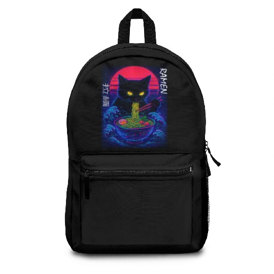 Neon Black Cat Ramen Art Backpacks