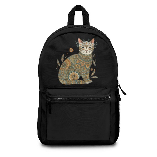 Boho Cat – Smiling Floral Mandala Design Backpacks