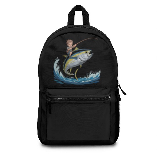 Joyful young boy rides massive jumping tuna Backpacks