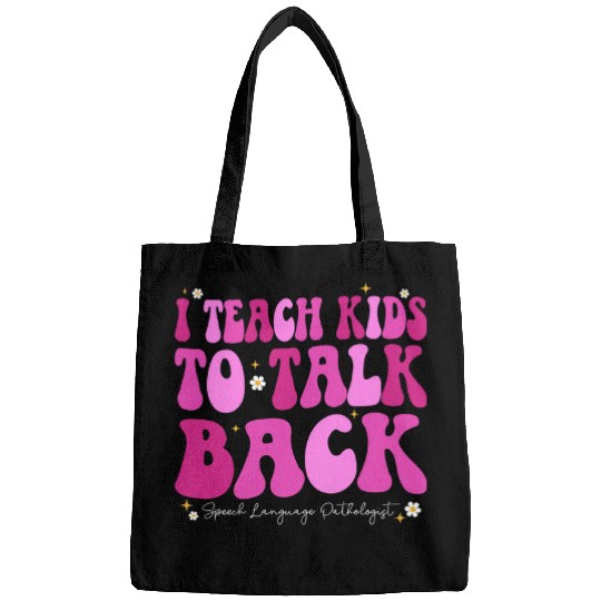 Womens I Teach Kids to Talk Back Groovy Speech Language Pathologist Bags