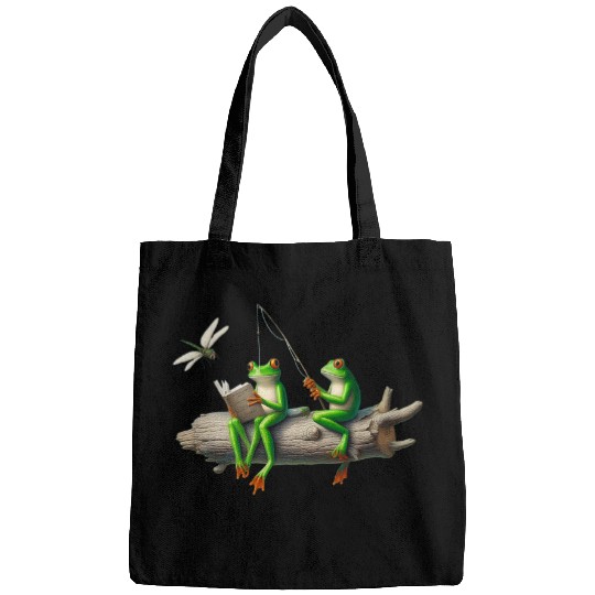 Four Legs Frog on a log Frog Fishing Dragonfly Reading Book Bags