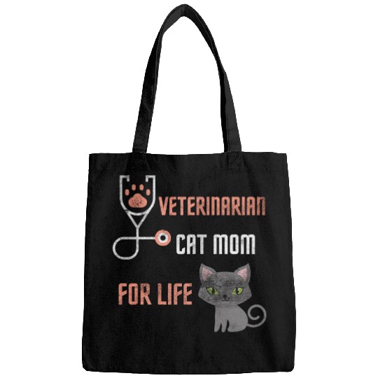 Womens Cute Kawaii Cat Design Veterinarian Cat Mom For Life Funny Bags