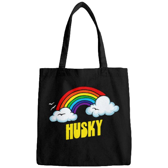 Dog Husky Cute Funny Sarcastic Retro vintages 80s Rainbow Bags
