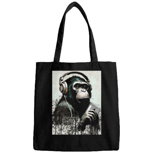 Chimpanzee Listening Music on Headphones Holding Smarphone Bags