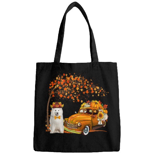 Dog Samoyed Wearing Hat Fall Tree Pickup Truck Carrying Pumpkins Bags