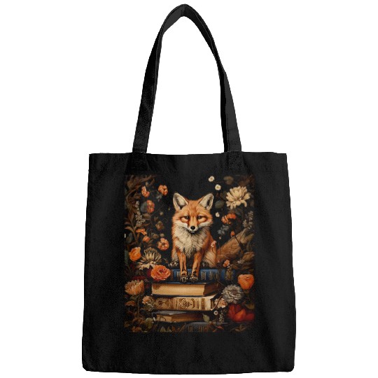Cottagecore Aesthetic floral Fox with Book cute Goblincore Bags