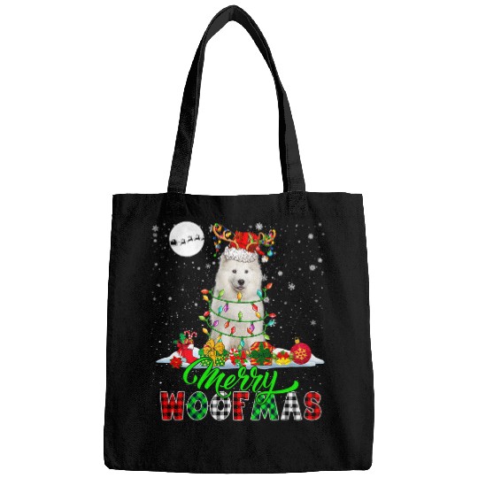 Dog Samoyed Merry Christmas Funny Woof xmass Santa Reindeer Samoyed Lover Bags