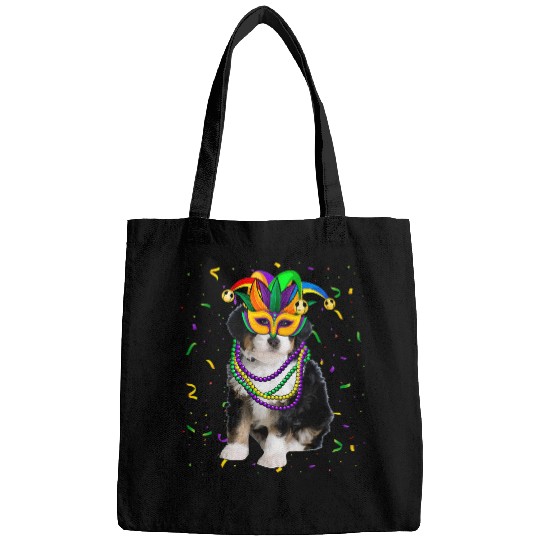 Bernedoodle Dog Wearing Mardi Gras Face Cover Beads Bags