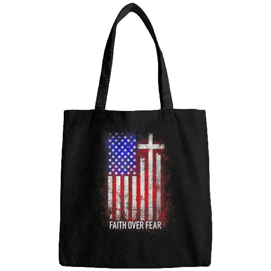 Christian USA Flag Patriotic American Tee Faith Over Fear Prayer 1 Bags