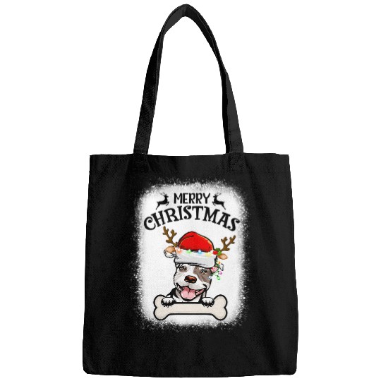 Bully Bleached Pitbull Reindeer Santa Hat Merry Christmas 366 Pitbull Dog Bags