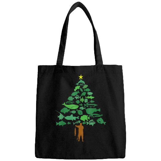 Fishing Christmas Tree Merry Fishmas Funny Christmas Fisherman Fisher Bags
