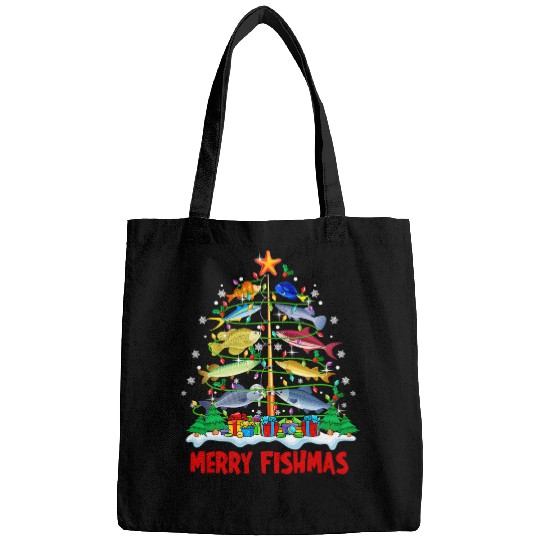 Fishing Merry Fishmas Funny Christmas Tree Lights Fish Fishing Rod Fisher Bags