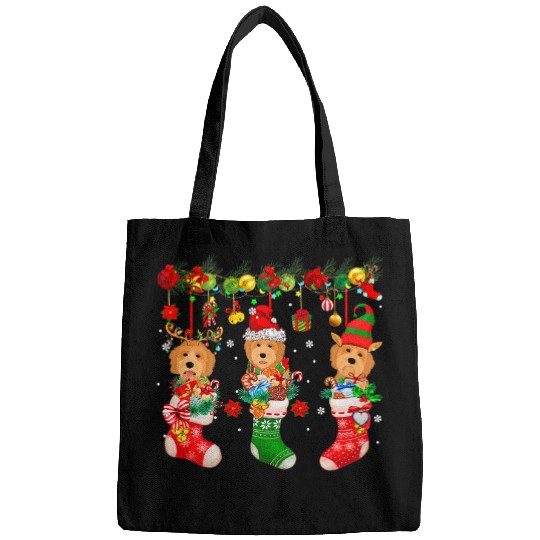 Dog Goldendoodle Three Santa Reindeer Elf Goldendoodle Dogs In xmass Socks Bags