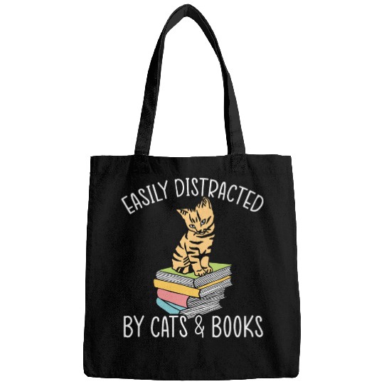 Easily Distracted By Cats And Books Literature Lover Kitty Bags