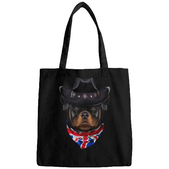Dog Rottweiler in Cowboy Hat and Union Jack Bandana Bags