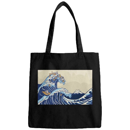 Surf Life Cute Cat Japanese Surfing Great Wave Bags