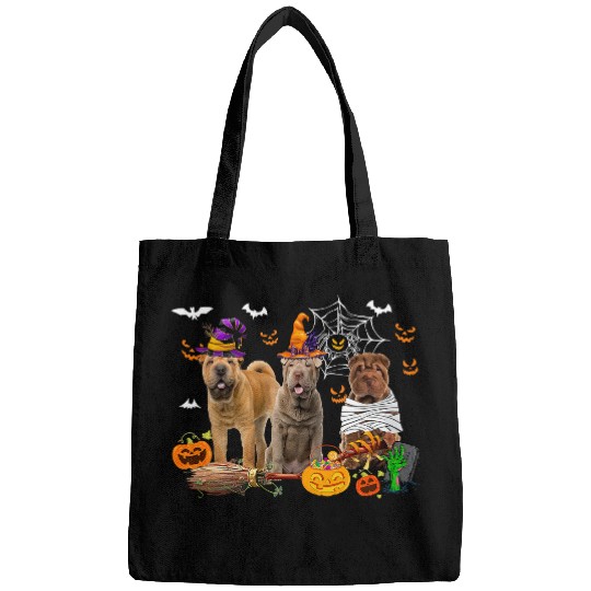 Three Shar Pei Dogs Witch Halloween Mummy Scary Pumpkins Bags