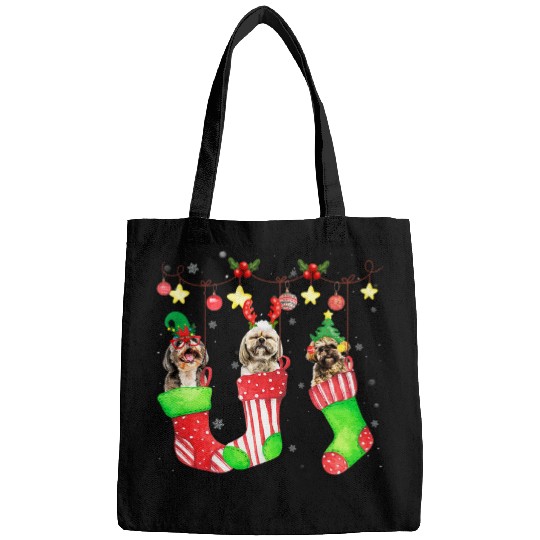 Shih Tzu Dog Christmas In Socks Lights Santa Hat xmass Outfit Bags