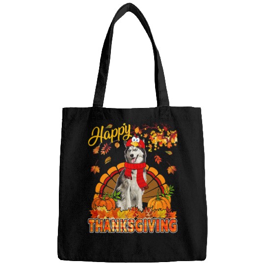 Dog Husky Happy Thanksgiving Husky Wearing Turkey Costume Fall Leaves Bags