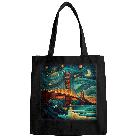 Surrealism Starry Night Golden Gate Bridge Bags