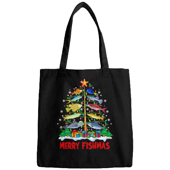Fishing Merry Fishmas Funny Christmas Tree Lights Fish Fishing Rod Fisher Bags