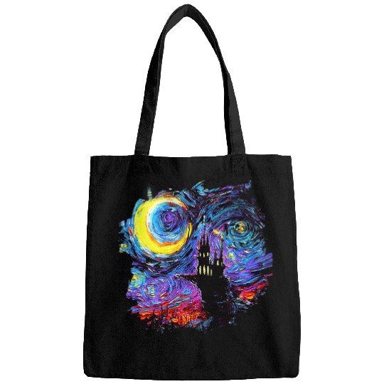 Haunted House with Moon and border Starry Night Art by Aja Bags