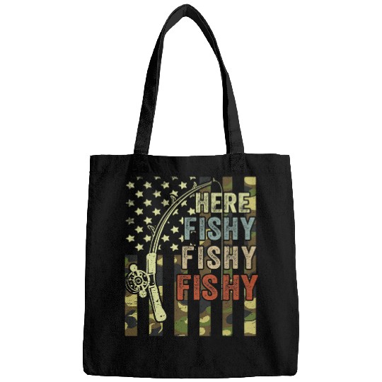 Fishing Mens Fishing Here Fishy Bass Fish Dad Gift Funny Fishing Fisher Bags