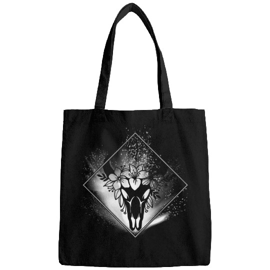 Boho Cow Skull Flowers Diamond White and Grey Splatter Bags