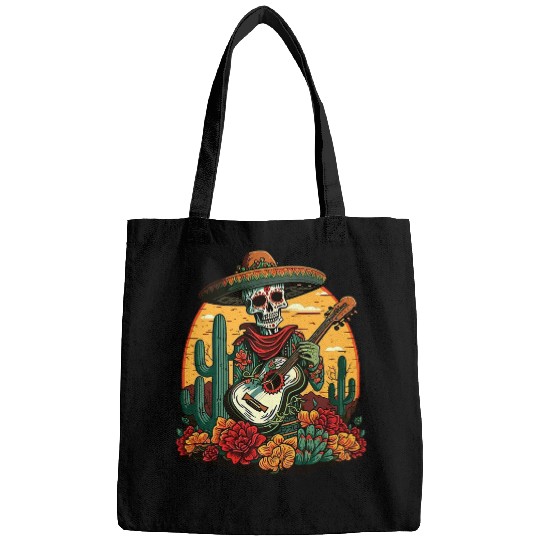 Skeletons Skulls Mexican Fiesta Skeletons Guitar Cactus Floral Cinco De Mayo 1 Skull Bags