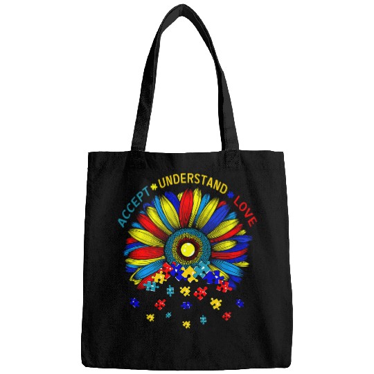 Autism Bleached autism Awareness Sunflower Accept Understand Love Neurodiverse Bags