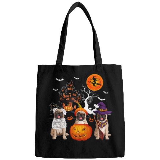 Pug Lover Three Pugs Halloween Mummy Scary Witch With Pumpkins Lover 38 Pugs Dog Bags